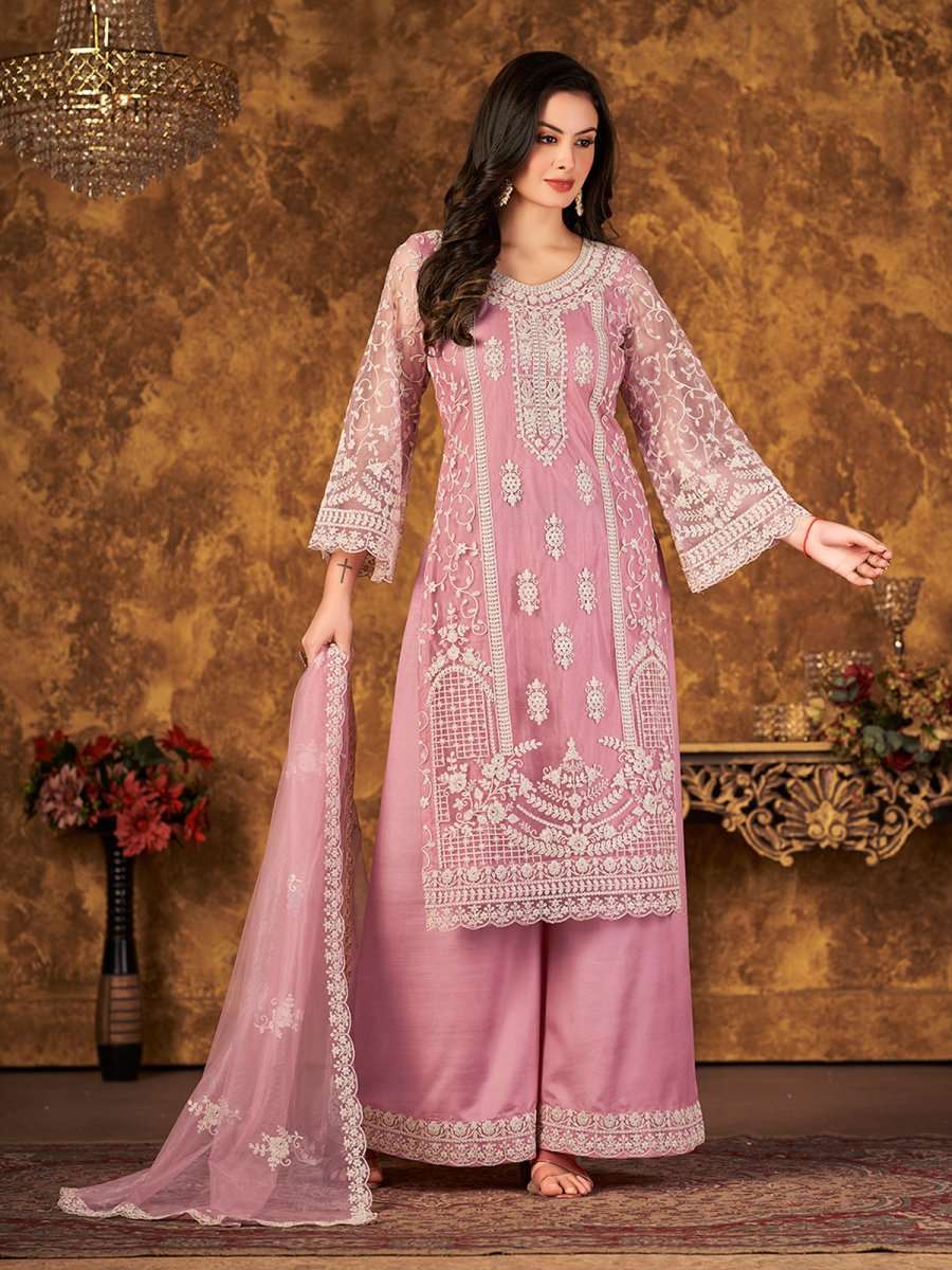 Pink Net Partywear Palazzo Suit - Inddus.com