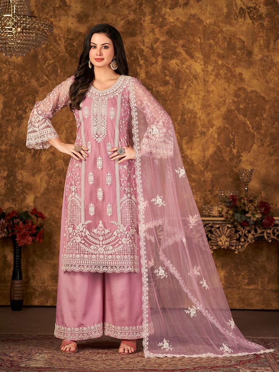 Pink Net Partywear Palazzo Suit - Inddus.com