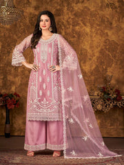 Pink Net Partywear Palazzo Suit - Inddus.com