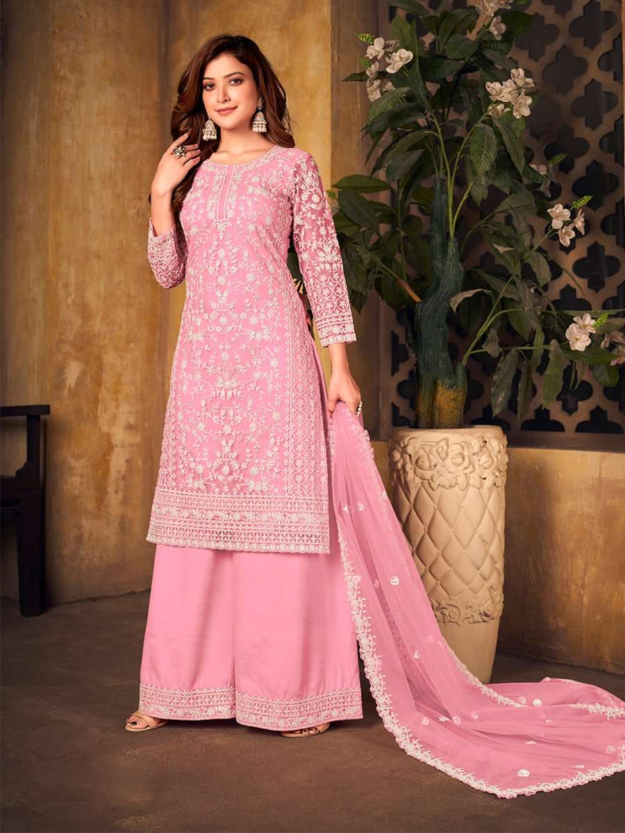 Buy Pink Net Partywear Palazzo Suit Online at