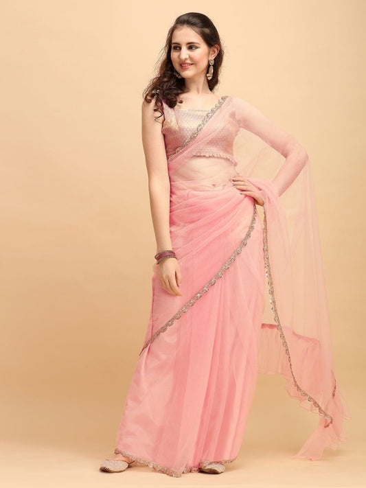 Pink Net Ruffled Saree with Border - inddus-us