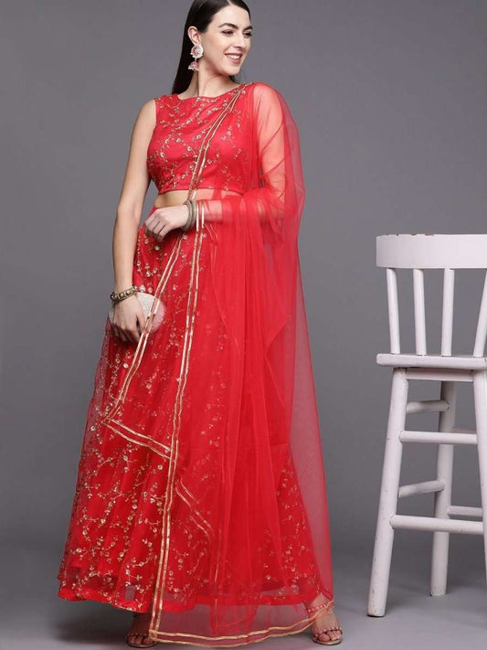 Pink Net Sequins Lehenga Choli - inddus-us
