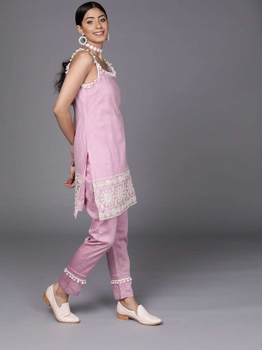Pink Net Thread Work Straight Cut Suit - Inddus.com