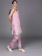 Pink Net Thread Work Straight Cut Suit - Inddus.com