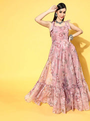 Pink Nylon Partywear Floral Dresses - Inddus.com