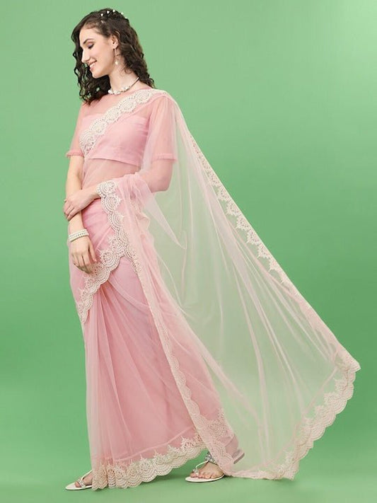 Pink & Off-White Embroidered Net Saree - Inddus.com