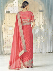 Pink Organza Thread Embroiderd Saree - Inddus.com