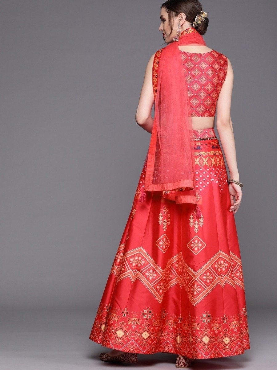 Pink Patola Print Semi Stitched Lehenga with Blouse and Dupatta - inddus-us