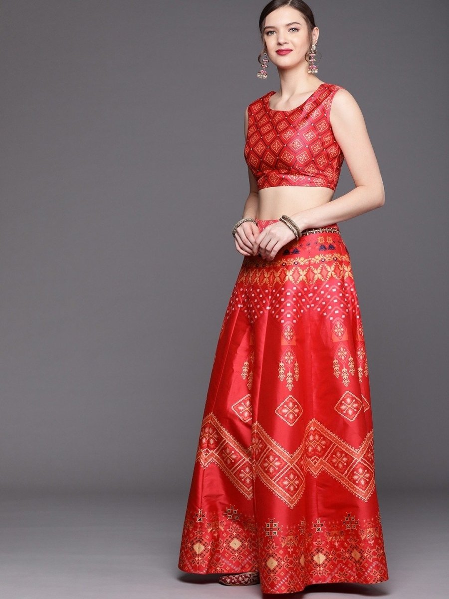 Pink Patola Print Semi Stitched Lehenga with Blouse and Dupatta - inddus-us