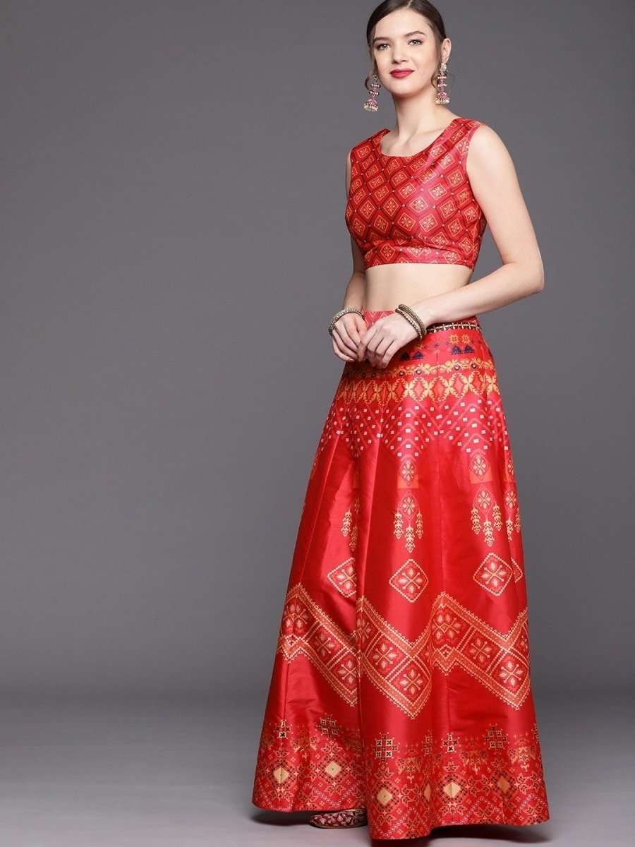 Pink Patola Print Semi Stitched Lehenga with Blouse and Dupatta - inddus-us