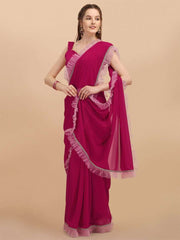 Pink & Purple Solid Ruffles Saree - Inddus.com