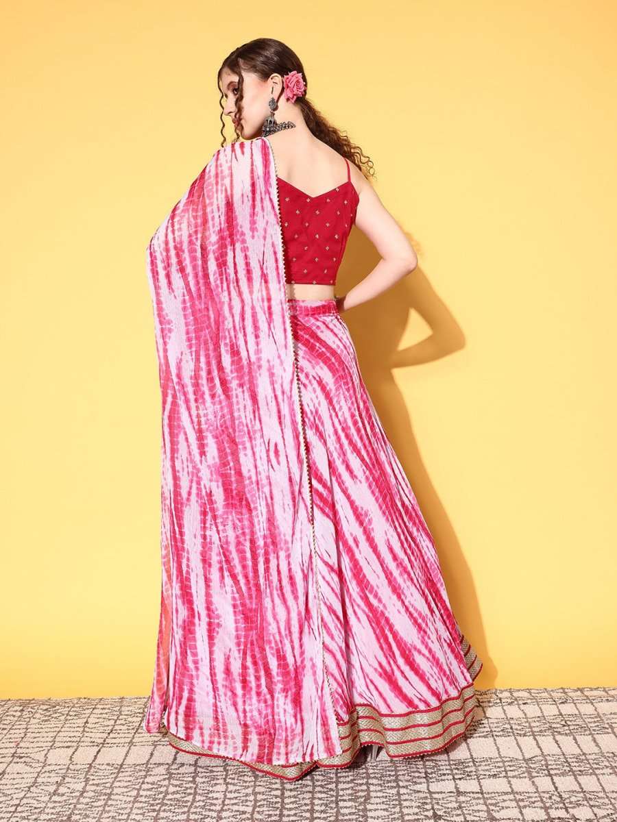 Pink & Red Embroidered Sequinned Semi-Stitched Lehenga & Unstitched Blouse With Dupatta - Inddus.com