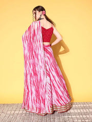 Pink & Red Embroidered Sequinned Semi-Stitched Lehenga & Unstitched Blouse With Dupatta - Inddus.com