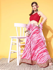 Pink & Red Embroidered Sequinned Semi-Stitched Lehenga & Unstitched Blouse With Dupatta - Inddus.com