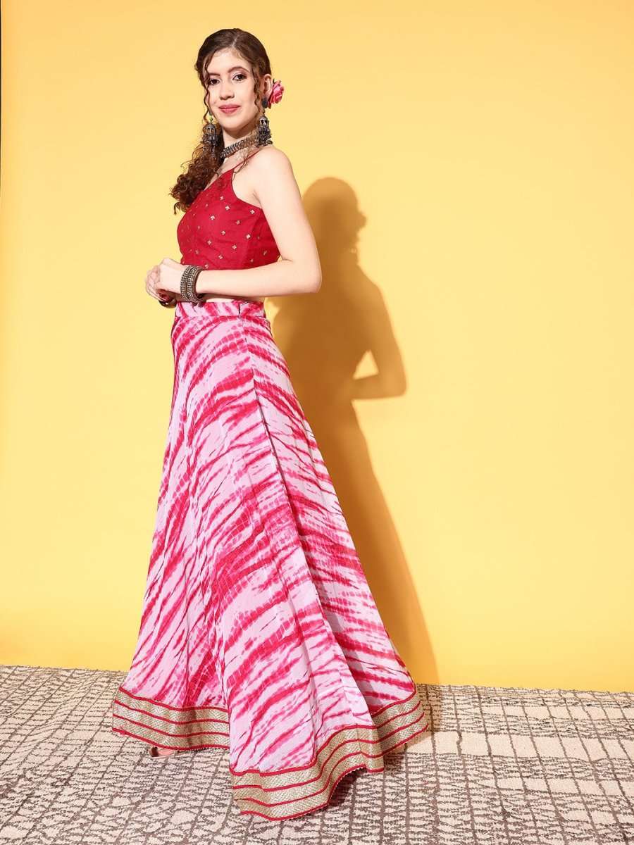 Pink & Red Embroidered Sequinned Semi-Stitched Lehenga & Unstitched Blouse With Dupatta - Inddus.com
