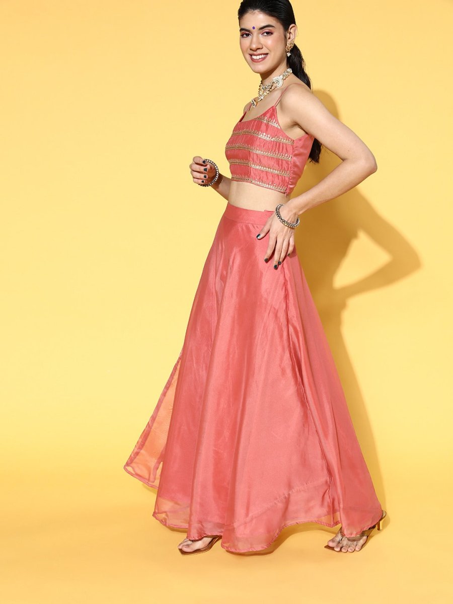 Pink Sequinned Embroidered Top & Solid Skirt with Jacket - Inddus.com
