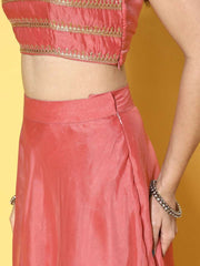 Pink Sequinned Embroidered Top & Solid Skirt with Jacket - Inddus.com