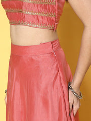 Pink Sequinned Embroidered Top & Solid Skirt with Jacket - Inddus.com