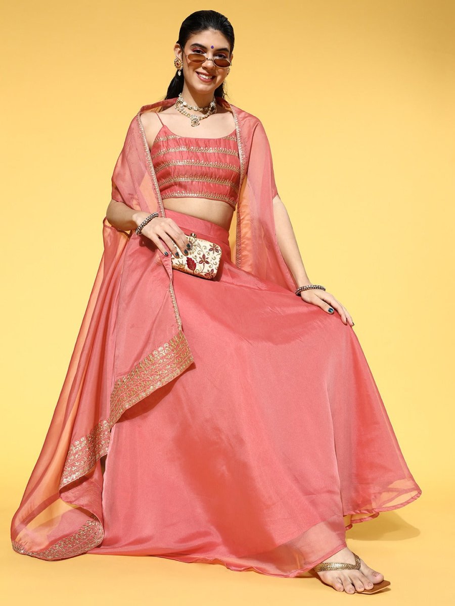 Pink Sequinned Embroidered Top & Solid Skirt with Jacket - Inddus.com