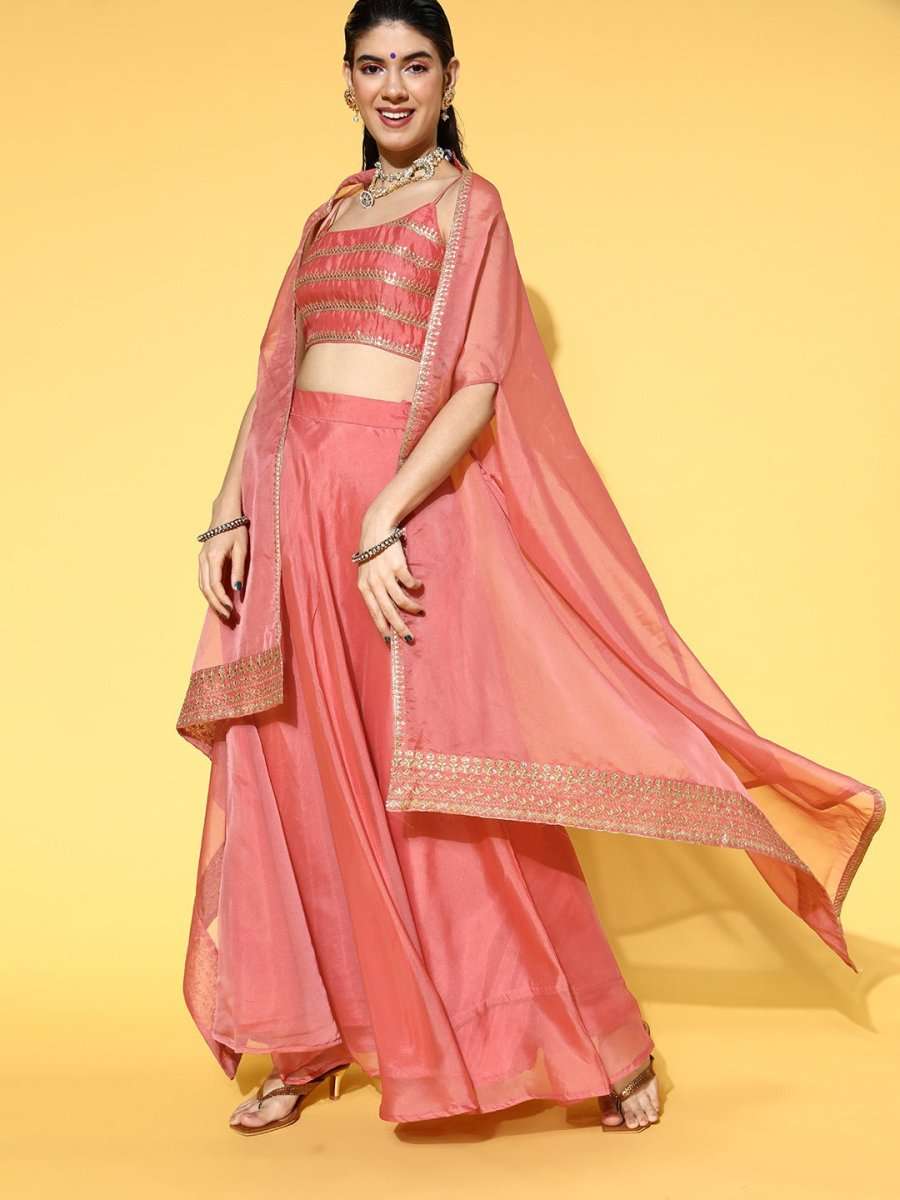 Pink Sequinned Embroidered Top & Solid Skirt with Jacket - Inddus.com