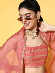 Pink Sequinned Embroidered Top & Solid Skirt with Jacket - Inddus.com