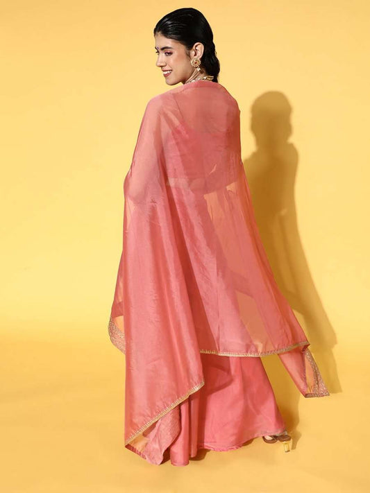 Pink Sequinned Embroidered Top & Solid Skirt with Jacket - Inddus.com