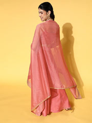 Pink Sequinned Embroidered Top & Solid Skirt with Jacket - Inddus.com