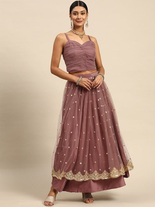 Pink Sequinned Semi-Stitched Lehenga & Ready to Wear Ruched Blouse - Inddus.com
