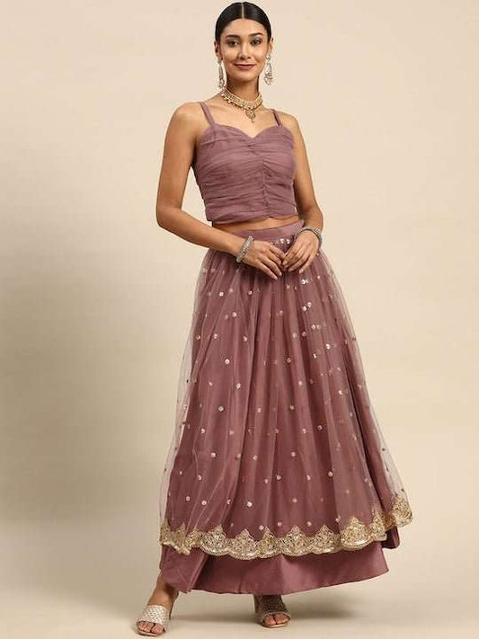 Pink Sequinned Semi-Stitched Lehenga & Ready to Wear Ruched Blouse - Inddus.com