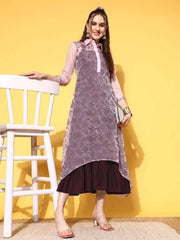 Pink Sheer Floral Embroidered Midi Ethnic Dress With Inner - Inddus.com
