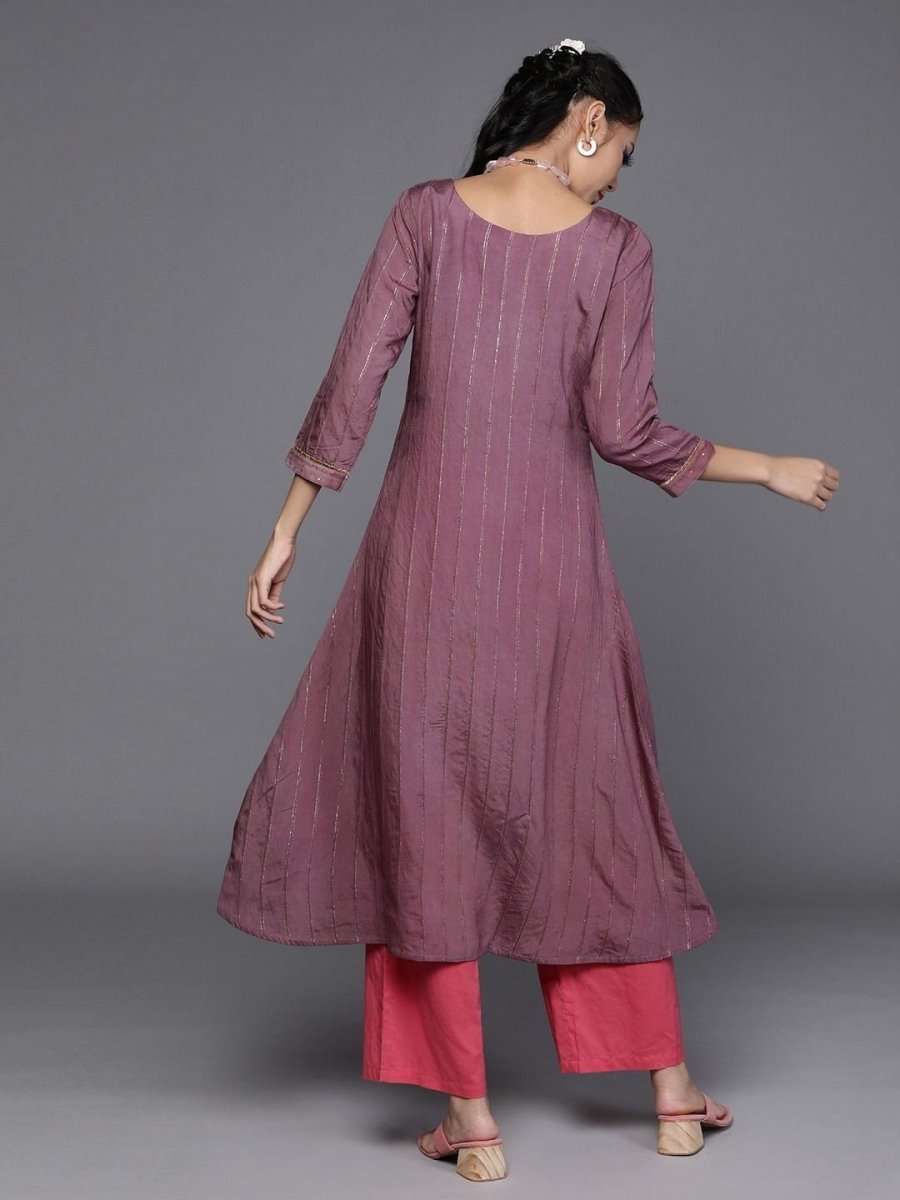 Pink Silk Blend Striped Kurta - Inddus.com