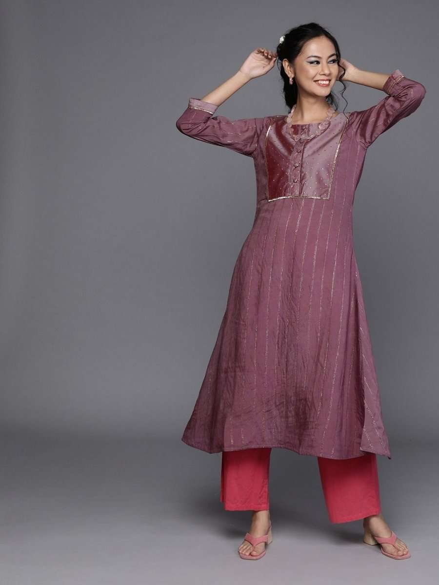 Pink Silk Blend Striped Kurta - Inddus.com