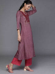 Pink Silk Blend Striped Kurta - Inddus.com