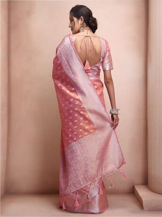 Pink & Silver-Toned Woven Design Zari Tissue Kanjeevaram Saree - Inddus.com