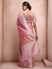Pink & Silver-Toned Woven Design Zari Tissue Kanjeevaram Saree - Inddus.com