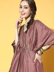 Pink Solid Anarkali Kurta with Embroidered Dupatta and Belt - inddus-us