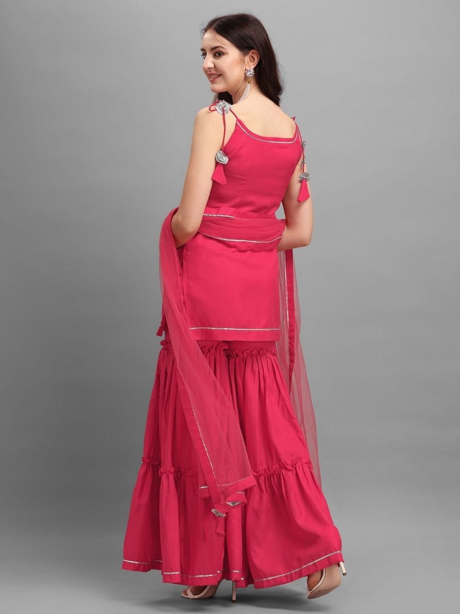 Pink Solid Kurta with Sharara and Net Dupatta - Inddus.com