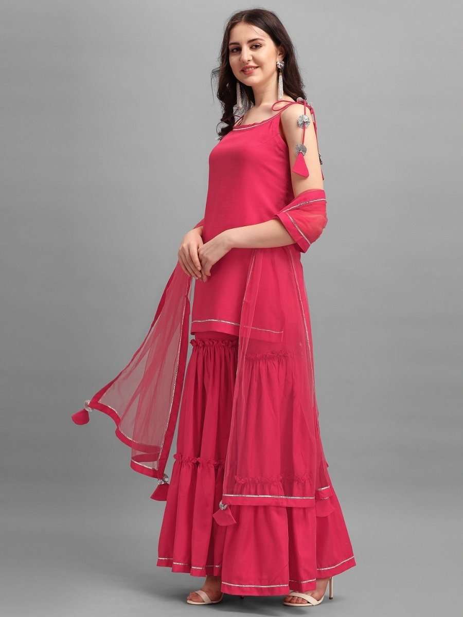 Pink Solid Kurta with Sharara and Net Dupatta - Inddus.com