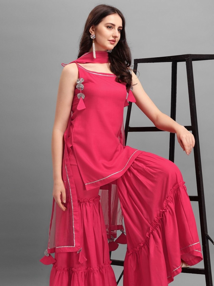 Pink Solid Kurta with Sharara and Net Dupatta - Inddus.com
