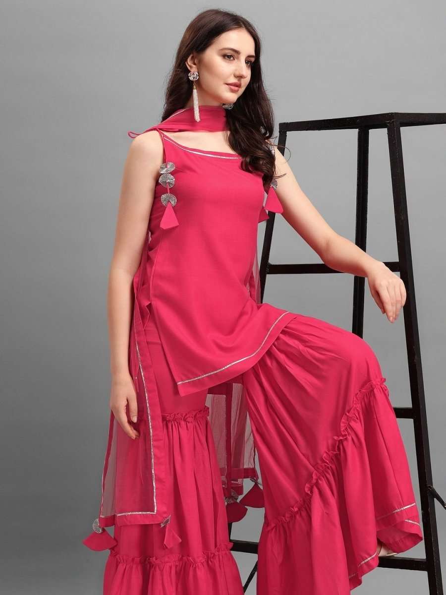 Pink Solid Kurta with Sharara and Net Dupatta - Inddus.com