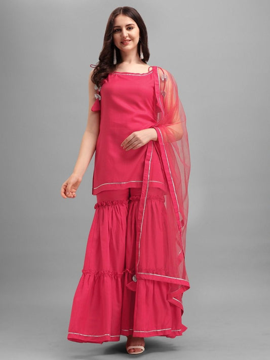 Pink Solid Kurta with Sharara and Net Dupatta - Inddus.com