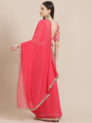 Pink Solid Mirror Laced Border Saree - Inddus.com