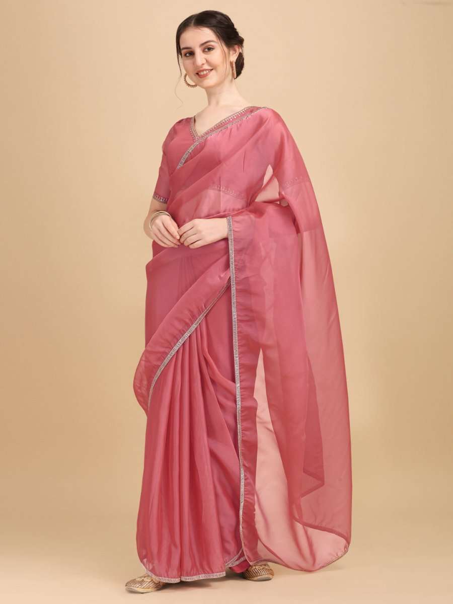 Pink Solid Organza With Embroidered Border Saree - Inddus.com