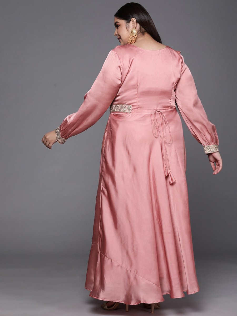 Pink Solid Satin Maxi Gown with Draped Dupatta - Inddus.com