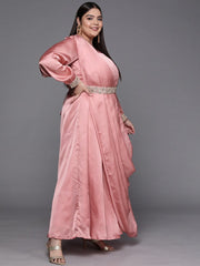 Pink Solid Satin Maxi Gown with Draped Dupatta - Inddus.com
