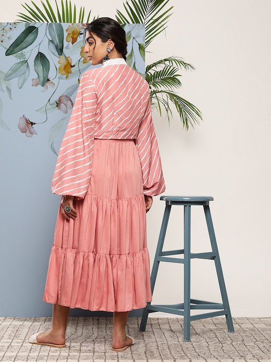 Pink Striped Layered Ethnic Midi Dress - Inddus.com