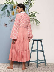 Pink Striped Layered Ethnic Midi Dress - Inddus.com