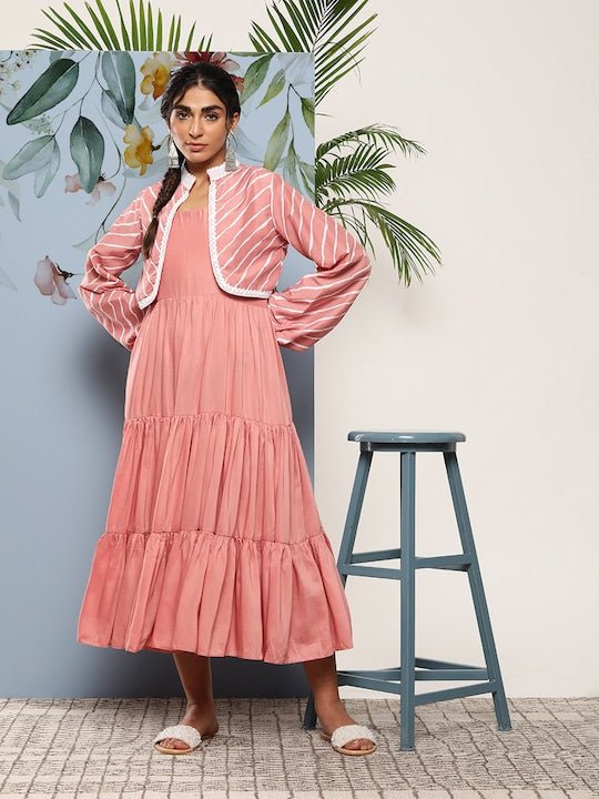 Pink Striped Layered Ethnic Midi Dress - Inddus.com
