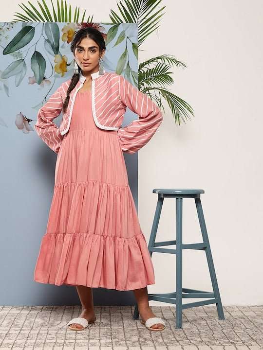 Pink Striped Layered Ethnic Midi Dress - Inddus.com