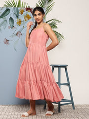 Pink Striped Layered Ethnic Midi Dress - Inddus.com